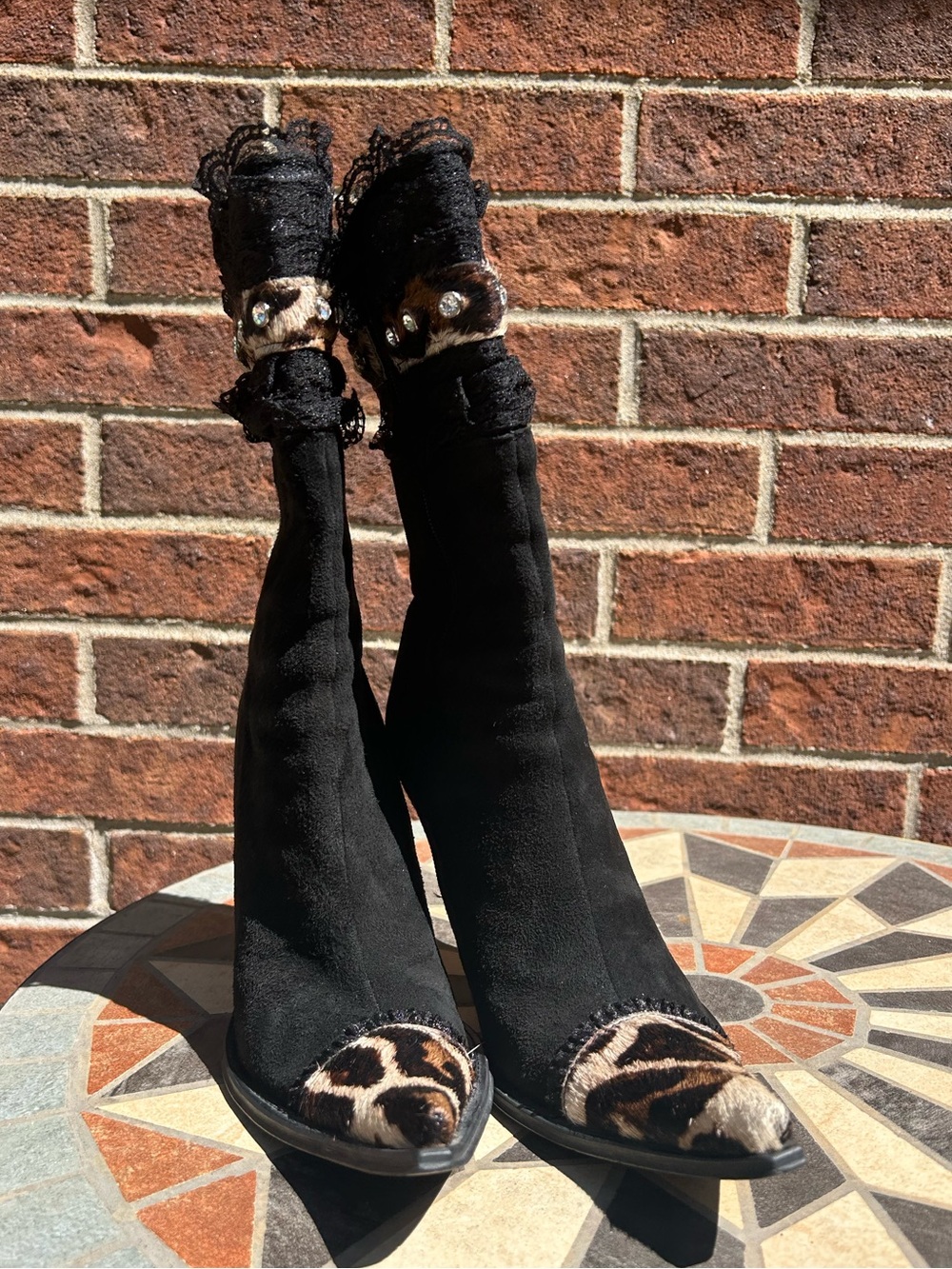 Suede leopard print fur heeled boots - Picture 4 of 16
